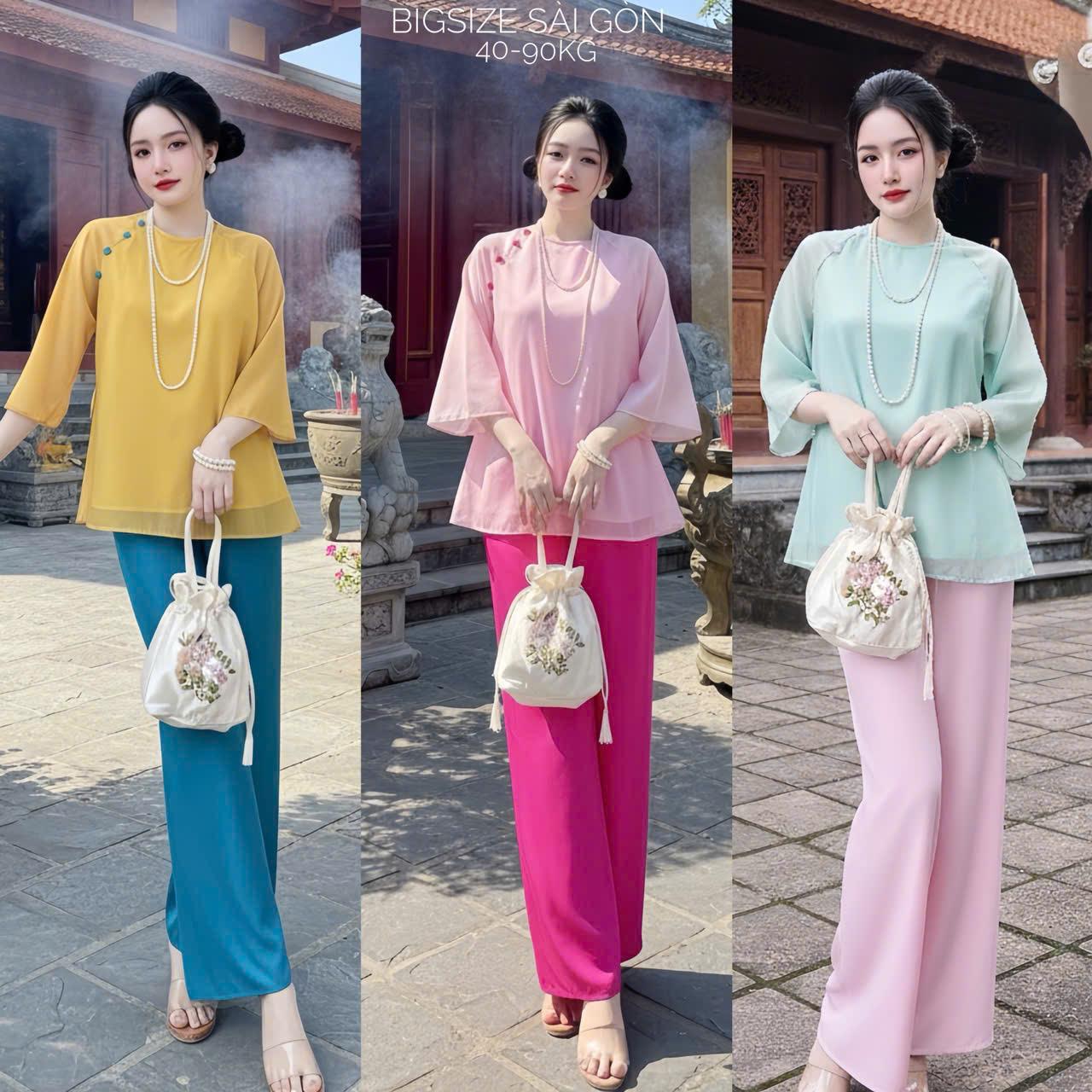 Đồ Lam Pháp Phục Vải Áo Tơ Ánh Kim 2 Lớp Quần Lụa Chéo 40-95Kg Nữ Women Dress Voan - B.1485