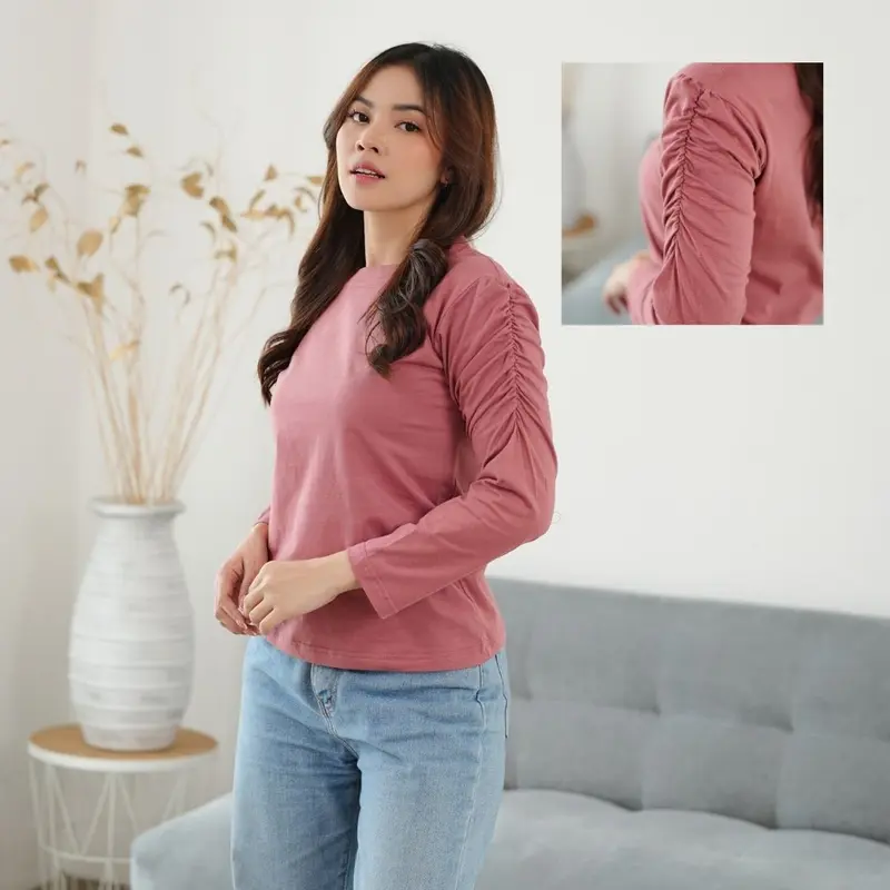 Atasan Wanita Kaos Lengan 7/8 Findri Top Kerut Samping Lengan Atas Feminine Style Cotton Combed Premium Size M L XL Basic Polos Elegant Casual Girly Outfit 3