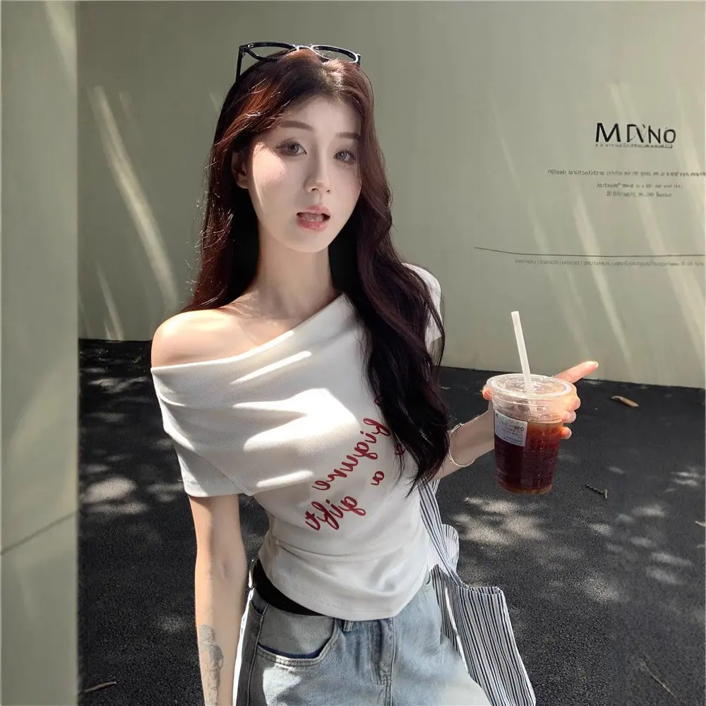 Trendy Letter Printed Short Sleeve T-Shirts Sexy Hot Girls Slash Neck Off Shoulder Blouses Korean Basic All-Match Crop Tops New