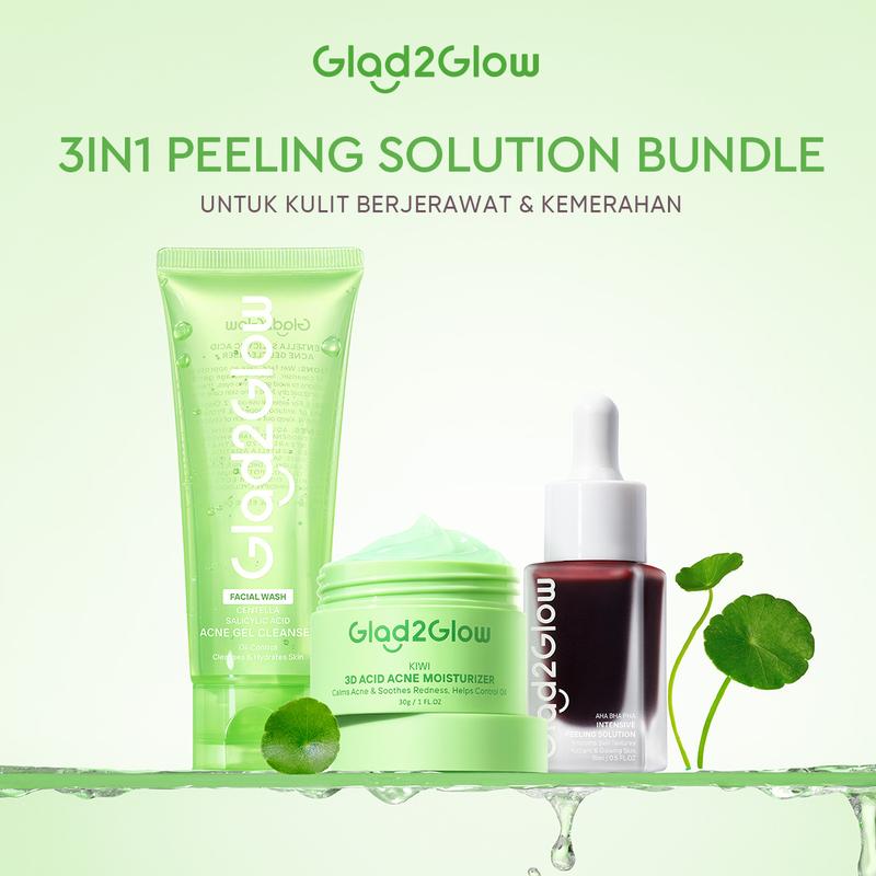 [New] Glad2Glow 3 in 1 Peeling solution Bundle - 3Pcs Barrier Skincare Paket-Peeling solution+Blueberry Moisturizer+Cleanser Ceramide Kering Membersihkan Wajah Acid Cooling Kotoran Mencerahkan Glycolic Melembutkan Berjerawat Extract Pha Lactic Exfoliating 3