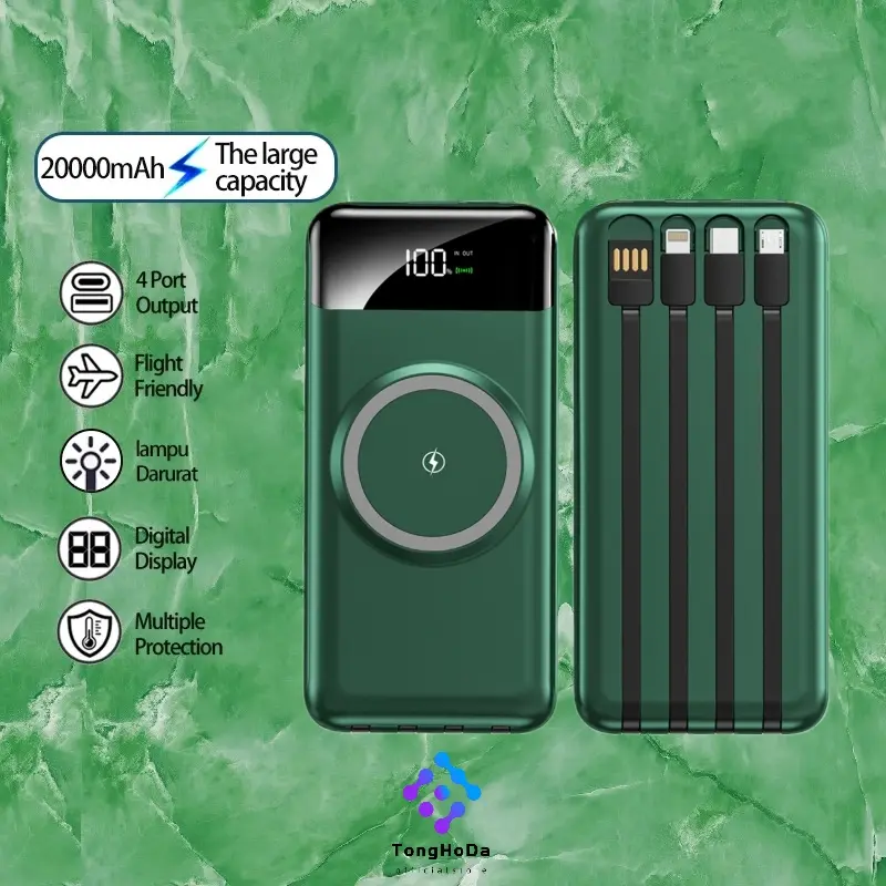 Wireless Powerbank Power Bank 20000mAh 6 Output 2 Input LED Display Built in Cable untuk iPhone Type C Micro Pawerbank Fast Charging Bergaransi
