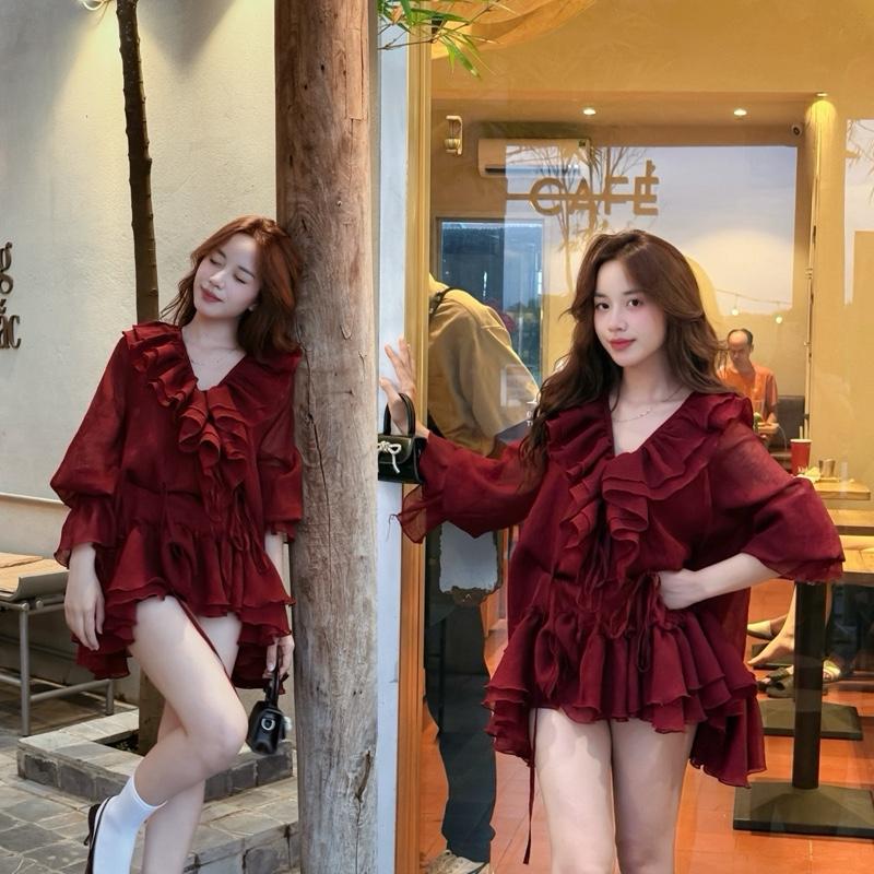 DAILY01 Áo váy QC dáng babydoll ( k rut )cổ V bèo tay dài bo chun dây buộc nơ 2 bên eo nhẹ nhàng nữ tính phù hợp di chơi, đi tiệc. Thời Trang Nữ.