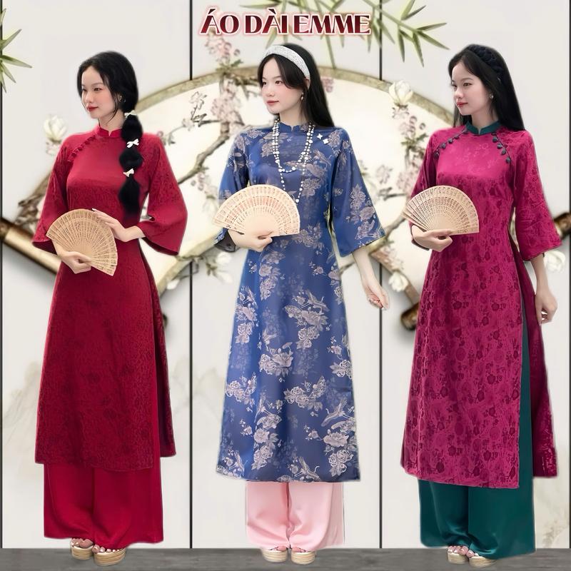 Áo Dài Nữ EMME V1946 Form Suông Hoa Văn Đính 2 Hàng Cúc Tay Lửng Cổ Đứng Kèm Quần Lụa Mềm Mại