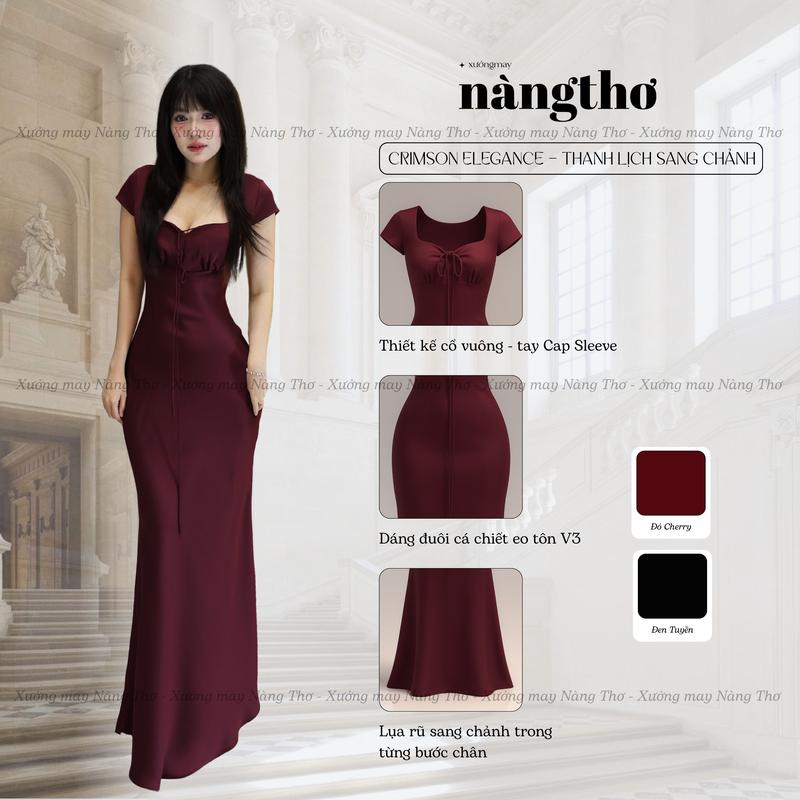 383 Crimson Elegance – Đầm Lụa Tô Châu Cổ Vuông Thanh Lịch Dáng Dài Đuôi Cá