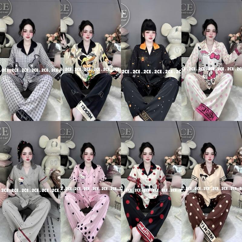 (FREE SIZE 40-58KG) ĐỒ BỘ 2CE, LỤA LATIN CÓ TAY DÀI VÀ TAY NGẮN, PIJAMA NỮ MẶC NHÀ - Womem Voi Tim Áo Quần Ngủ