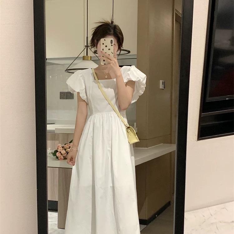 Váy Trắng tay bồng cổ vuông dáng dài màu kiểu dáng nhẹ nhàng mùa hè xinh xắn 2025
