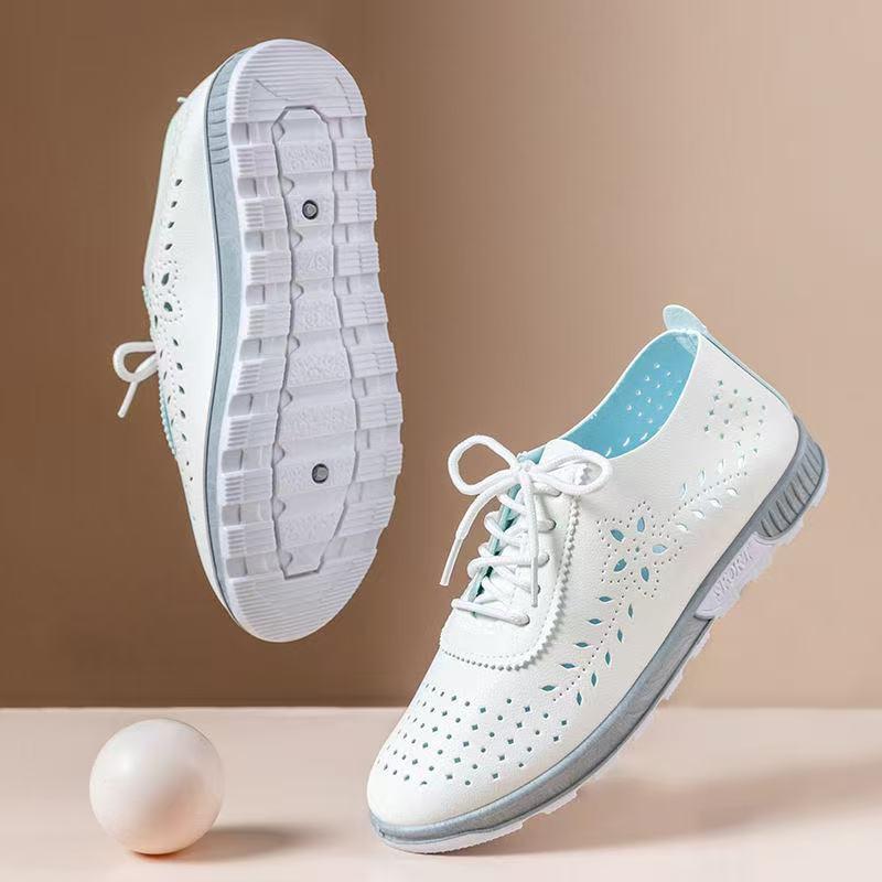 Product Introduction of Fashion Hot Shoes for Women 2025 New Real Soft Leather Versatile Lace-up Ins Mother White Shoes Tendon Bottom Shallow Mouth Nurse Thin Shoes 4