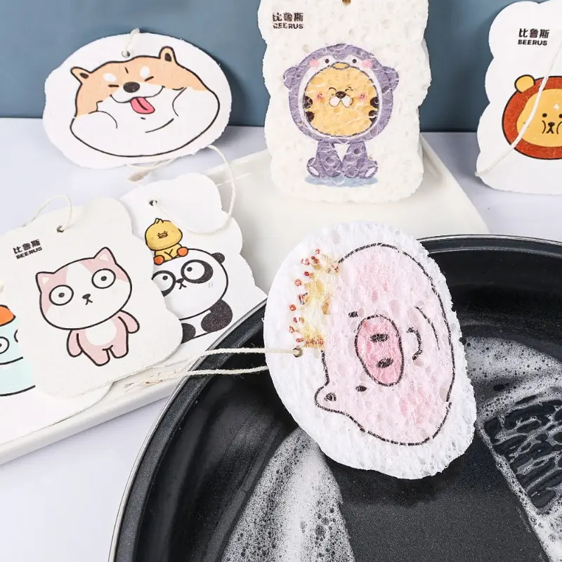 Compressed Wood Pulp Cotton Dishwashing Sponge Wipe Kitchen Household Cleaning Cloth Double Sided Scouring Pads Compressed Wood Pulp Sponge Dishes Pot Wipe