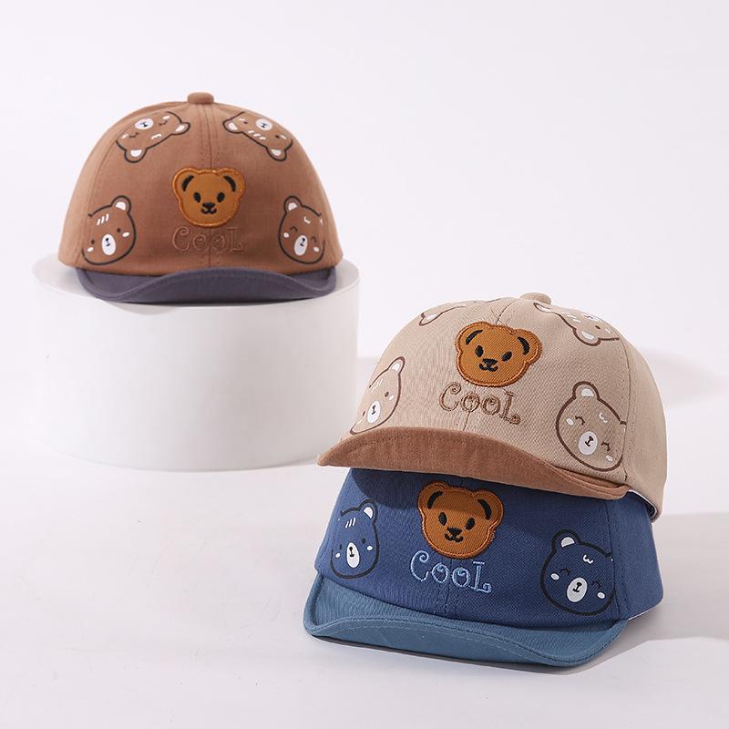 หมวกเบสบอลเด็กพิมพ์ลายหมีน่ารัก หมวกกันแดดเด็กวัยหัดเดินปักลายการ์ตูน สีทึบฤดูร้อน ปีกนุ่ม เด็กชายและเด็กหญิง หมวกแหลม 9
