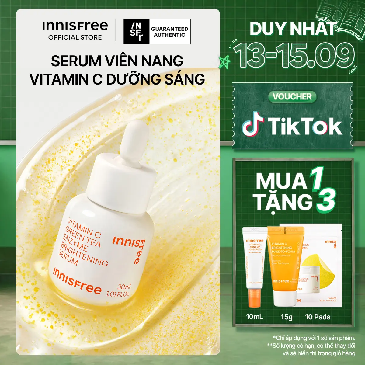 Serum Vitamin C sáng da, mờ thâm mụn INNISFREE Green Tea Enzyme Brightening Serum