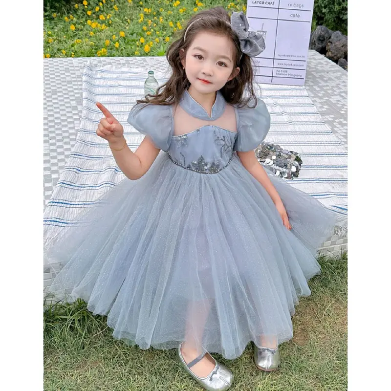 Dress cheongsam tutu tile bunga bordir payet glitter anak perempuan premium 3thn 2