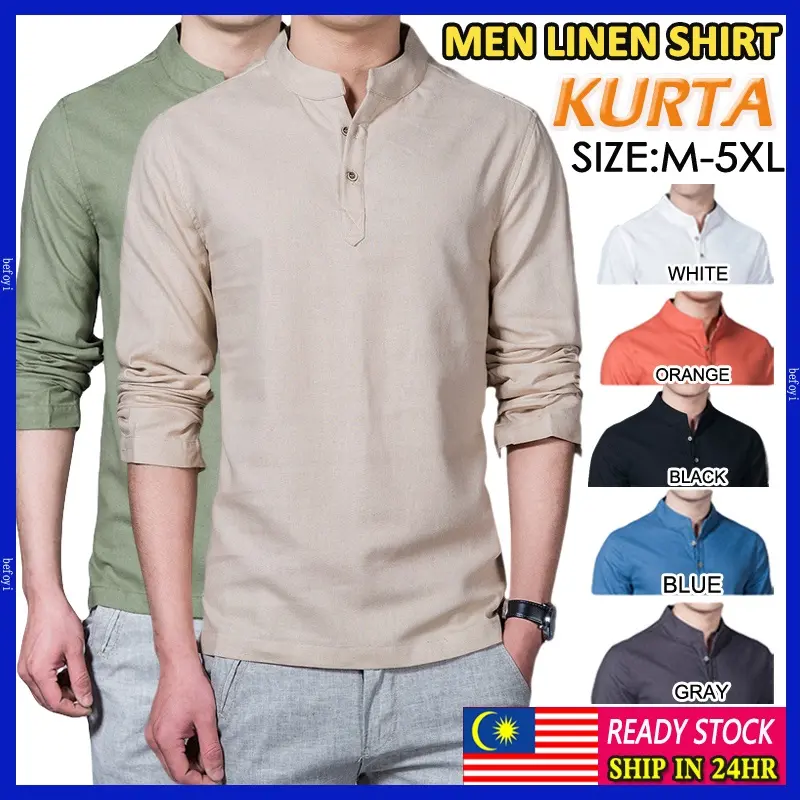 Trendy clothingmalaysia spot shirt men kurta shirt linen smart casual plain top formal Muslimah men long-sleeved shirt