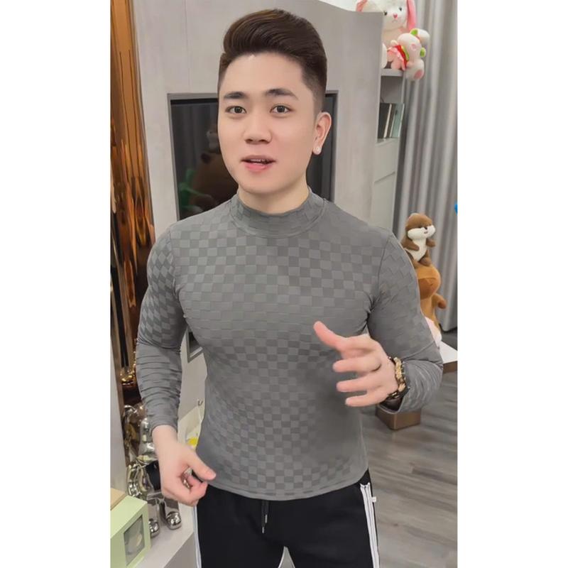  Áo giữ nhiệt cổ lọ 2025 dài tay thun dệt kim hình ô vuông thu đông 