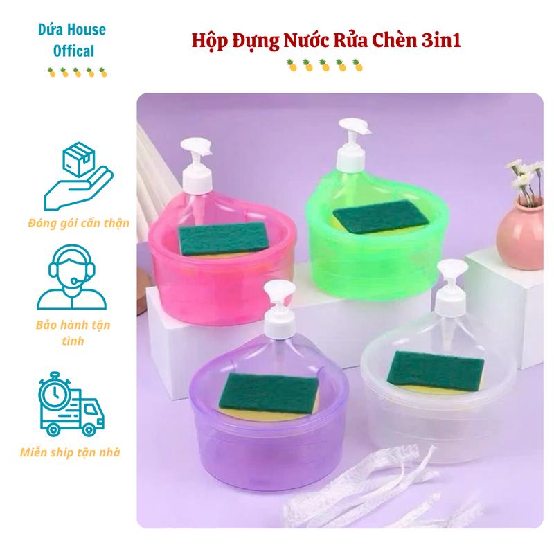 Hộp Đựng Nước Rửa Chén Kèm Miếng Rửa Bát Thiết Kế Nút Nhấn Bơm Xà Phòng Khay Đựng Tạo Bọt Tiết Kiệm Không Gian Chất Liệu Nhựa Cao Cấp