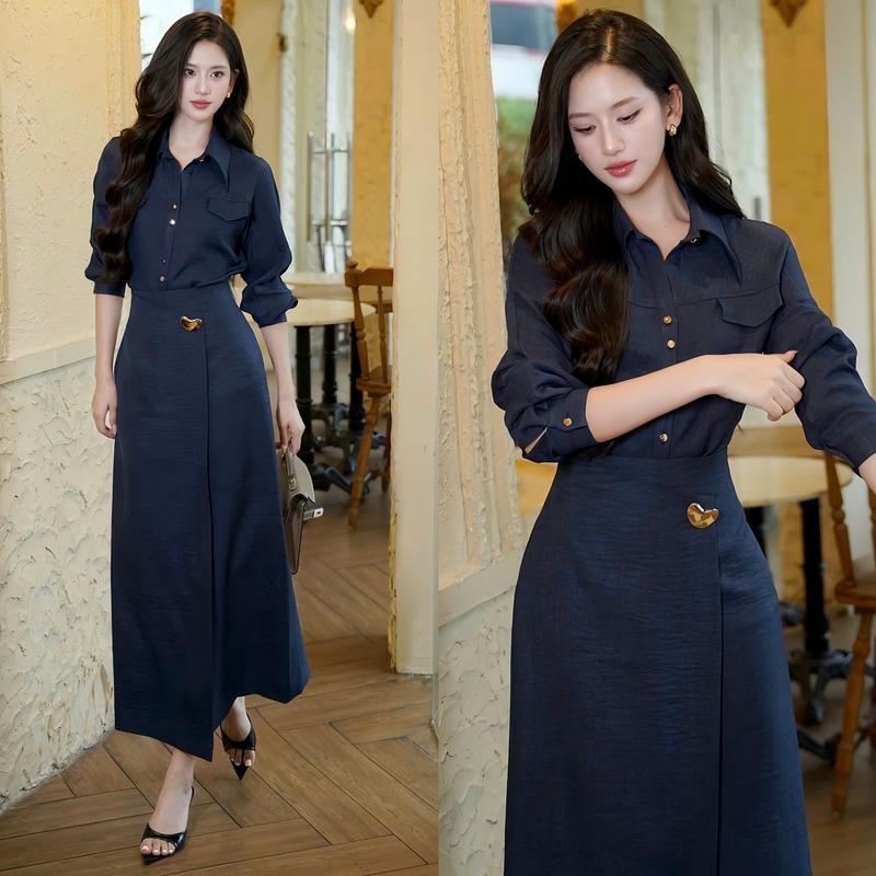  Set bộ công sở thiết kế EMME T3182 vd 2 món gồm áo sơ mi đũi vân mây phối nắp túi mix chân váy 2 lớp đính tag cài chéo cách điệu - THANH TỰ 