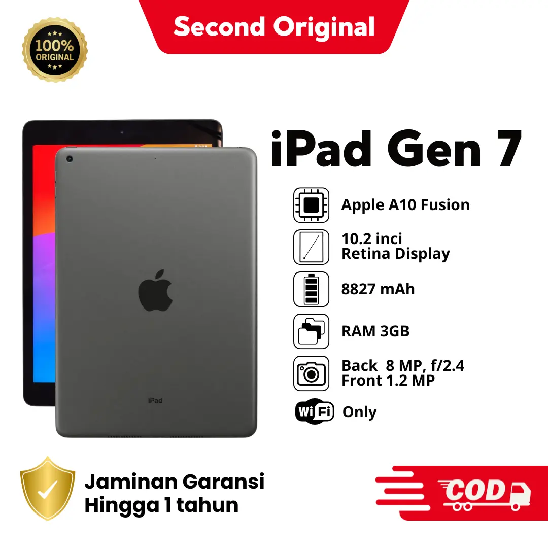 [SECOND] iPad Gen 7 Apple Original Bekas | Bergaransi | Siap Kirim | Bisa COD | Termurah | Versi Full Update IOS 18 | Kerja | Game | Peforma Tertinggi