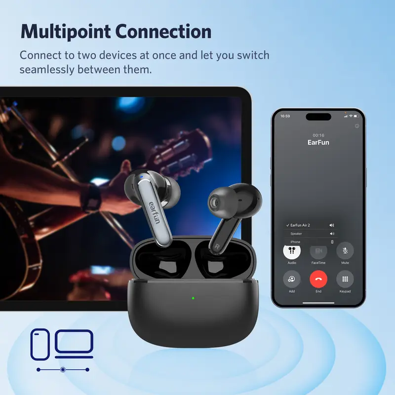 EarFun Air 2 - Black - Hi-Res LDAC budget TWS with APP Support Headphones Earphone Earbuds Wireless Headset Bluetooth Bass 5
