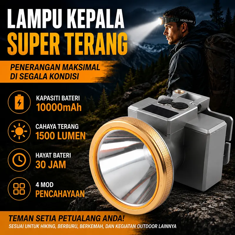 Senter Kepala LED 1000W Super Terang, Cahaya Putih & Kuning, Teras Laser, Jarak Pancaran Sinar Jauh, Baterai 10000mAh Tahan Nyala Hingga 30 Jam, Desain Anti Air, Dilengkapi Layar Indikator Daya, Cocok untuk Patroli, Berkemah & Memancing Malam