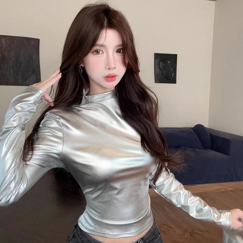 Áo Thun Cổ Giả Sáng Bóng, Thời Trang, Dáng Ôm, Dễ Phối Đồ, Dài Tay Nữ Top Women Shirt 3