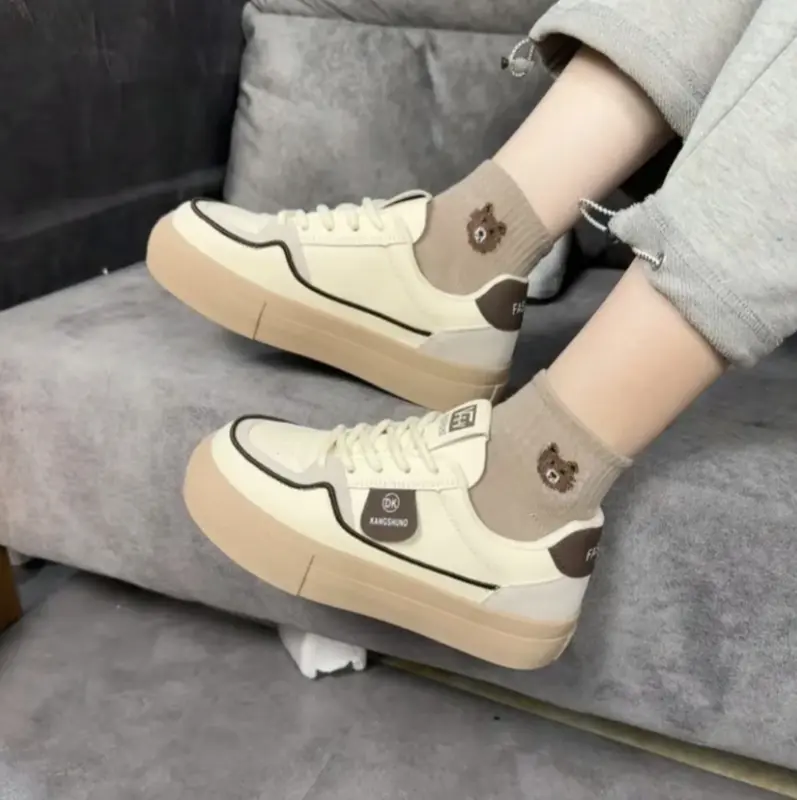 Giày Thể Thao Cho Nữ, Màu Trơn Phong Cách Thường Ngày Trong Khuôn Viên Trường, Đế Dày, Giày Trắng Sneaker Shoes Nhung Cổ Cao Kim Tuyến 3