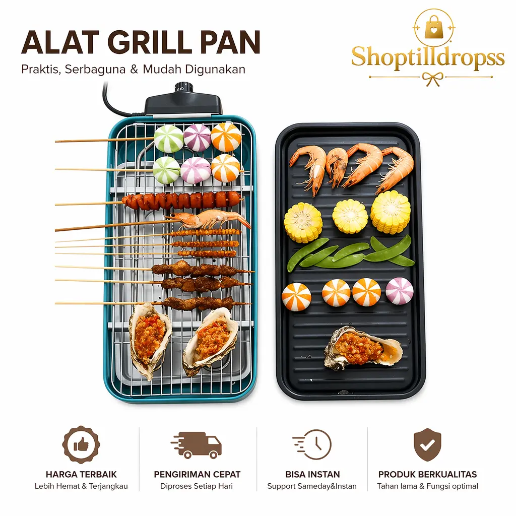 BBQ Grill Electric Smokeless Grill Pan Steamboat And Grill BarbequeGrill Pemanggang Ikan/Ayam Dll MultiCooker Stainless Steel Pan,SHENAR SHOPTILLDROPSS Listrik Panggangan