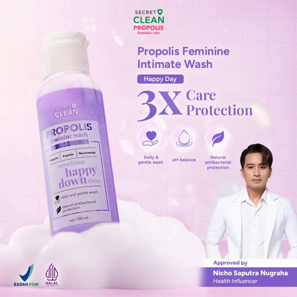 [NEW] Secret Clean Propolis Feminine Wash Happy Day 100ml - Sabun Miss V Alami Anti Bakteri Anti Bau Keputihan & Gatal dengan Kandungan White Floral & Musky Fragrance