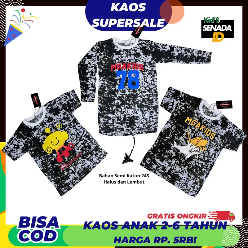 𝐒𝐄𝐍𝐀𝐃𝐀 𝐊𝐈𝐃'𝐒 - Baju Anak Panjang dan Pendek Karakter Lucu Dan Unik Untuk Usia 2-6 Tahun Bahan Semi Katun 24S Halus  Adem Dipakai Sehari-hari 0
