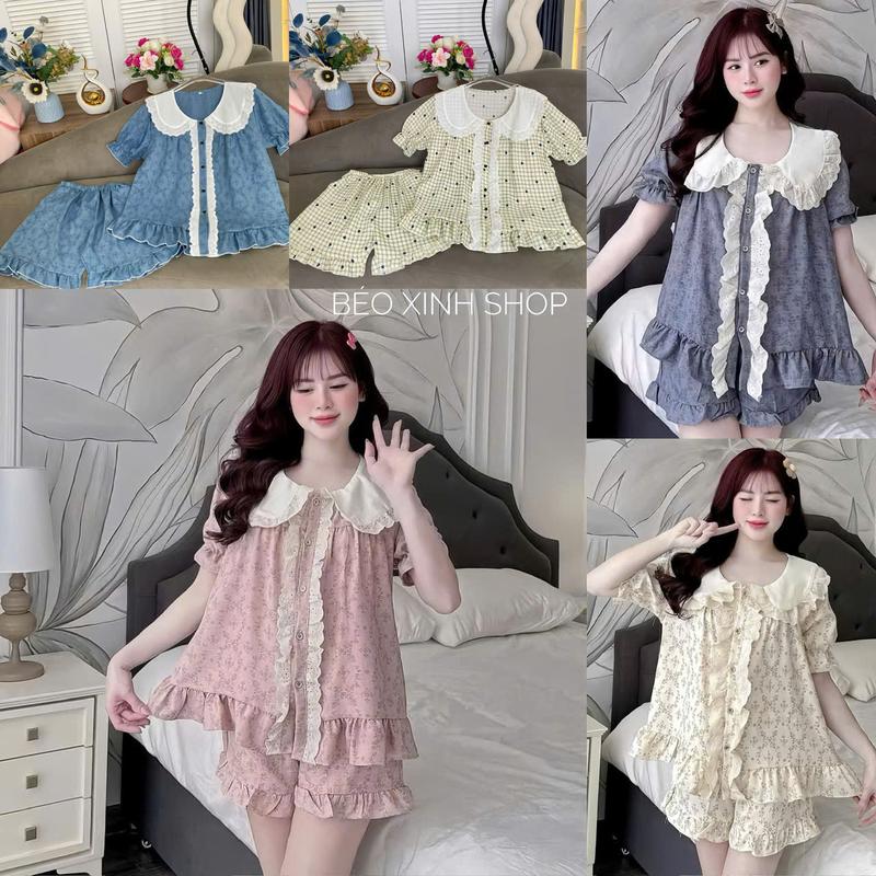 Đồ Bộ - Đồ Ngủ Quần Áo Đùi Đũi Vân Sóng Mềm Mịn Mát Tiểu Thư Cổ Bèo Pijama Bigsize 50-100kg Bộ Ngủ Nữ Nhung Lịch Women Quần Ngủ - A.5042