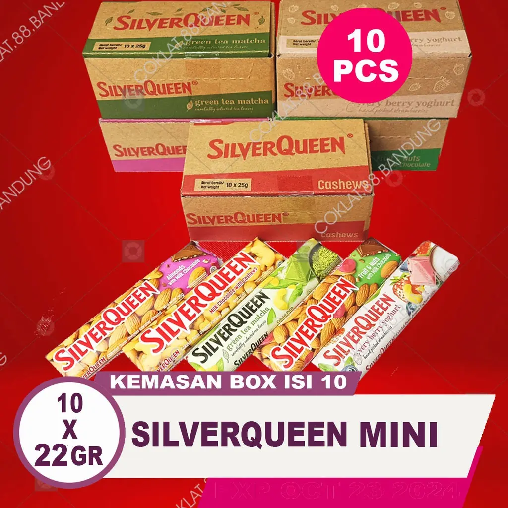 COKLAT SILVERQUEEN KECIL 1 BOX 10 PCS X 22GR EX 25 GRAM, SILVERQUEEN 22GR ALMOND MEDE ISI 10 ex 25gr