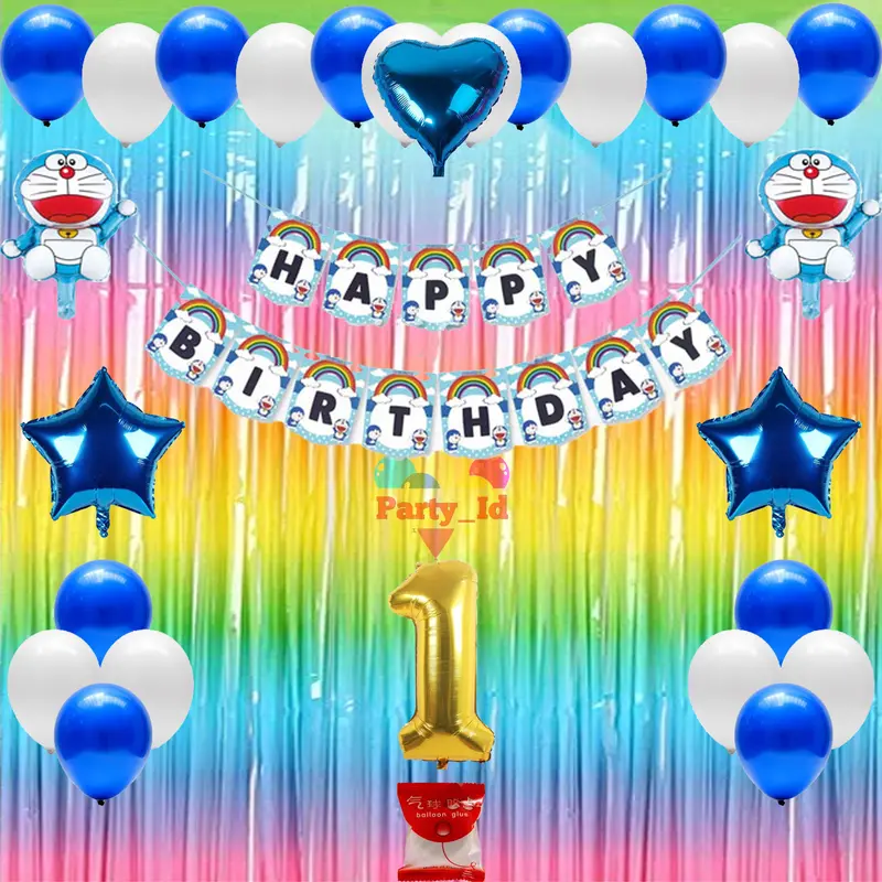 Paket Lengkap Dekorasi Baner Happy Brithday Karakter Doraemon Dan Balon Foil Mini - Untuk Dekorasi Ulang Tahun Biru Putih banners 3