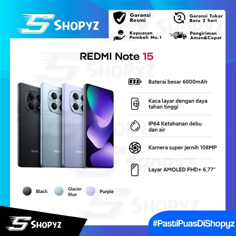 Xiaomi Redmi Note 15 8/128GB - 8/256GB | AMOLED 6.77” | 108MP Camera | 6000mAh | IP64 | Garansi Resmi