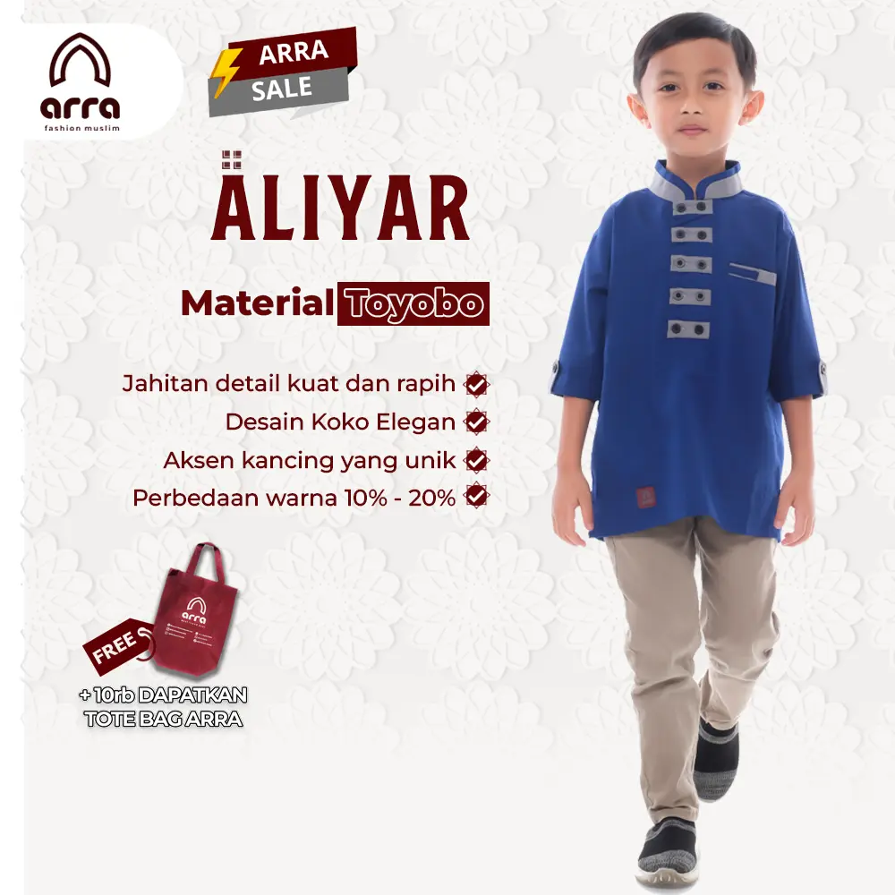 Arra Aliyar Baju Koko Pakistan Anak Laki Laki Lengan 3/4 Bahan Toyobo Fodu Size S M L XL XXL Warna Putih , Maroon , Biru , Hitam , Mustard , Abu Abu (ArraFashionMuslim)