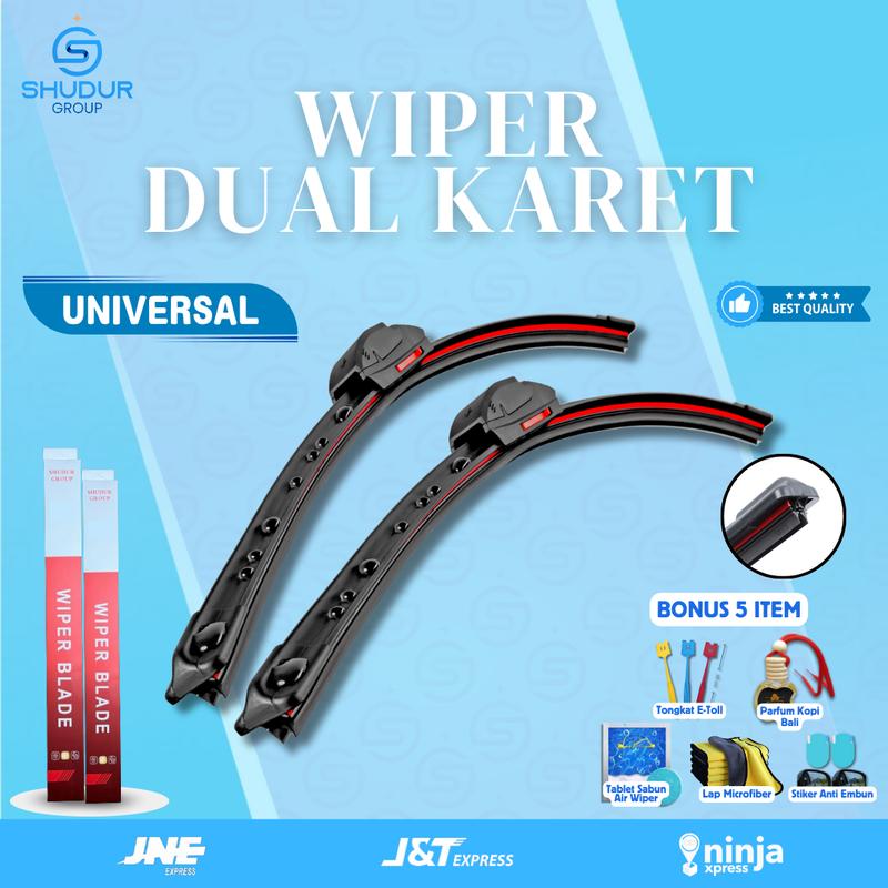 Shudur Group Wiper Mobil Double Blade 2 Lapis Karet Frameless Model Dual Blade Windshield Tanpa Rangka Besi Untuk Semua Jenis Kendaraan Mobil Kiri dan Kanan Universal Bonus 5 Produk 1