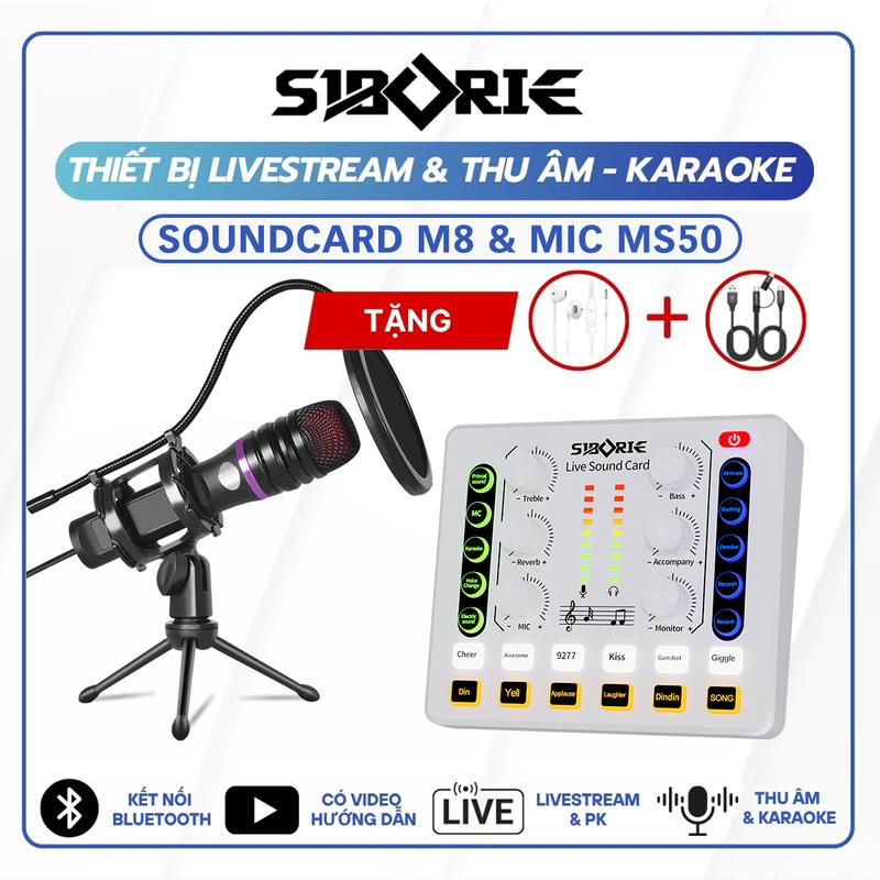   SIBORIE  Full Bộ Soundcard M8 Trắng + Micro MS50 Thiết bị thu âm chuyên nghiệp Livestream Bluetooth Tai Nghe Phụ Kiện Dây Sạc Tối Ưu Chất Lượng Âm Thanh micro livestream stream live mic thu âm hát live Bộ Soundcard Livestreams tích hợp nhiều hiệu ứng 
