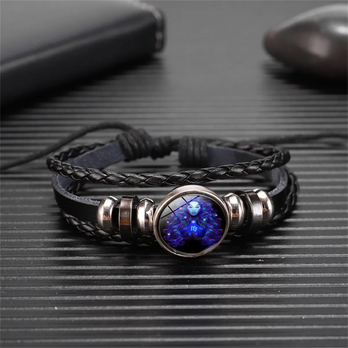 Zodiac couple cowhide bracelet Leather rope braided bracelet Light bracelet