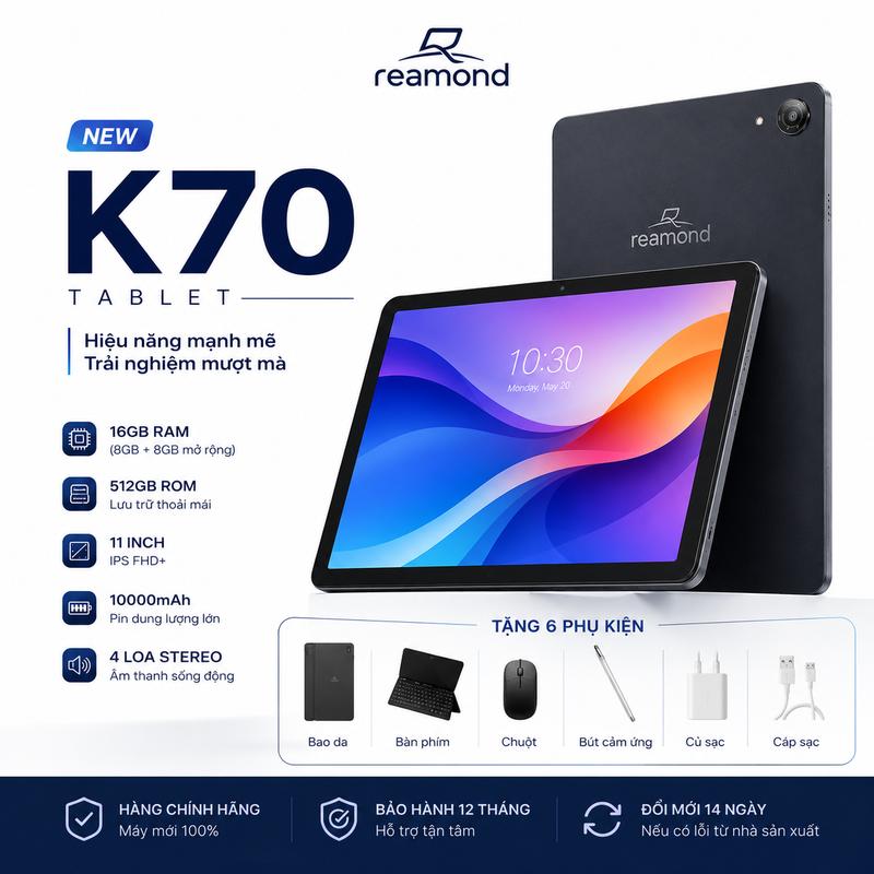 1Máy Tính Bảng Reamond K70 ( Z50 ) 16GB RAM 512GB ROM Màn Hình 11 Inch | Tặng Bàn Phím, Chuột, Bút Cảm Ứng , Bao Da , Cáp Sạc