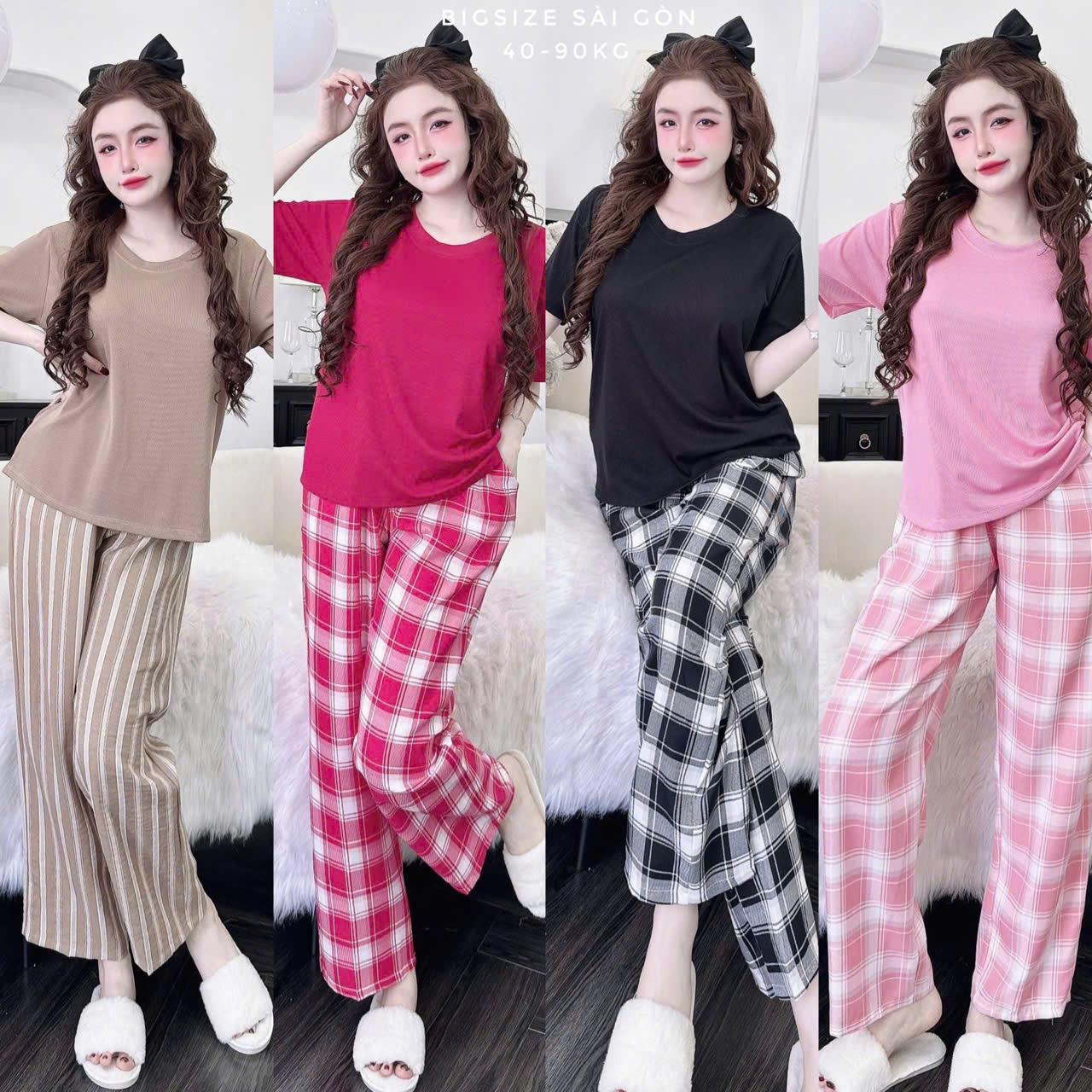 Thời Trang Bigsize Set Áo Thun Tăm Quần Caro Vải Vân Mây Cao Cấp Thanh Lịch cho Nàng Bigsize Từ 45 - 110Kg Nữ Top Women Xoè - B.1744