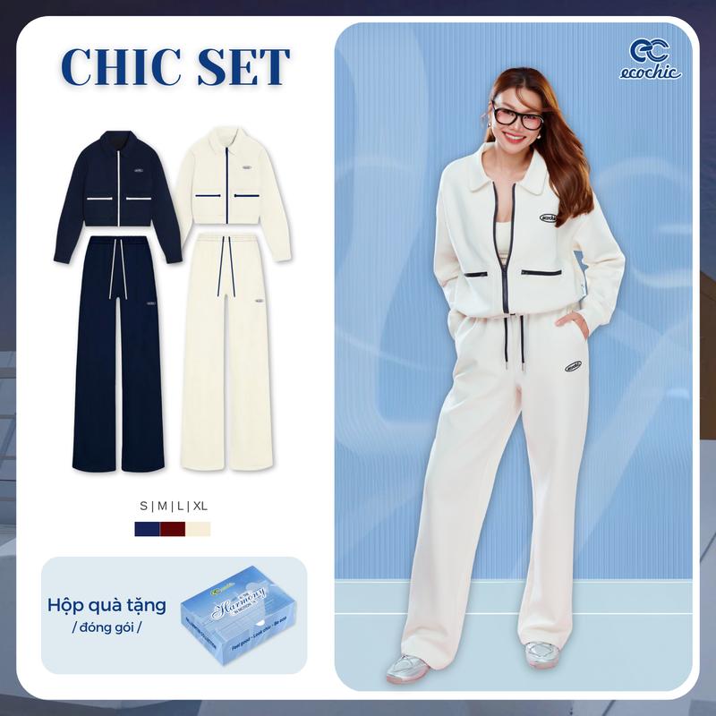 Set Bộ ECOCHIC COLLAR CHIC Áo Khoác Cổ Bẻ Khóa Zip Phối Viền Sọc Ngang Quần Suông Ống Rộng Chất Liệu Cao Cấp Chính Hãng B206
