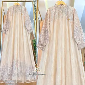 Lily Dress Tanpa Hijab Bahan Ceruty Mix Tile Salju Payet Lengan Brukat Muslimah By Lavsha
