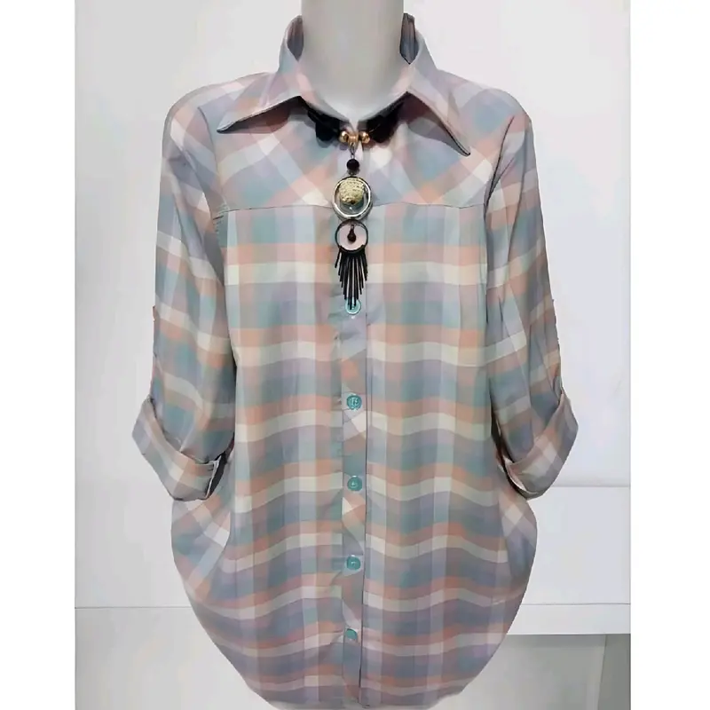 Al dharren tunik jumbo ld 120 muat BB 85 kg blouse kemeja salur garus blus office wanita Baju Atasan Panjang Oversize Motif garis 8