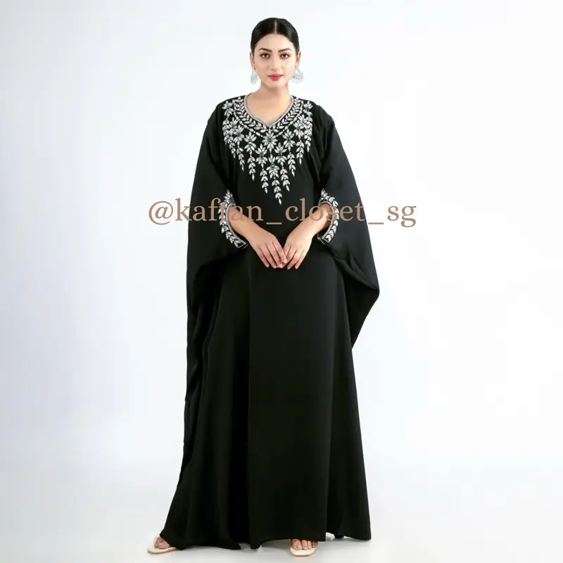 Hayati Series Luxury beadwork kaftan with hand beaded white diamante & emerald best quality stones by Kaftan Closet Sg