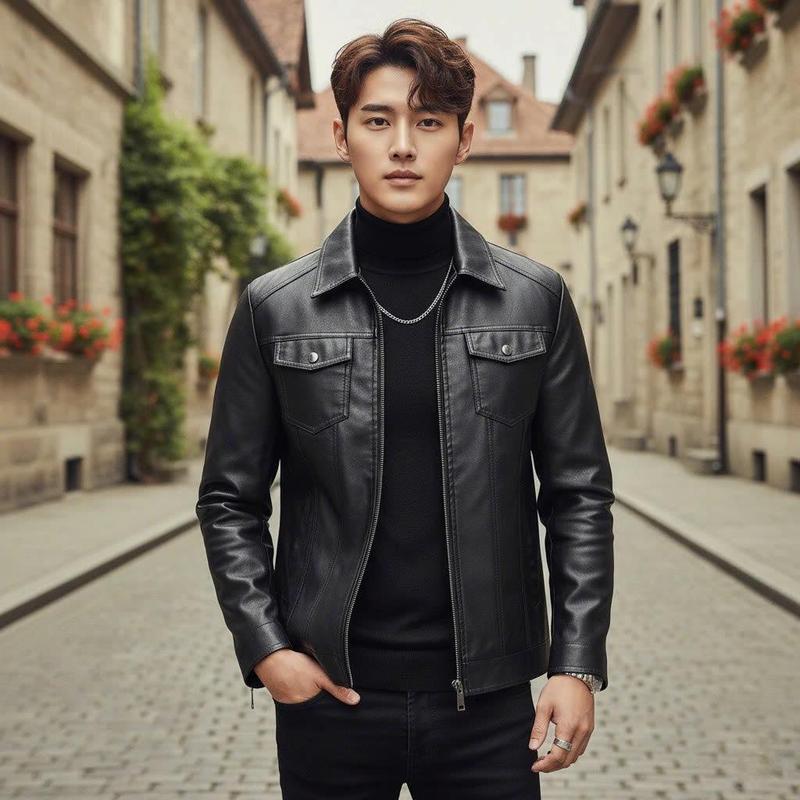 Áo khoác Jacket da lót lông cao cấp phối túi thời trang Bonado KD34 thu đông mùa dong boy phố,bomber áo lông áo phao freeship extraKem Menswear Nam Dài Tay