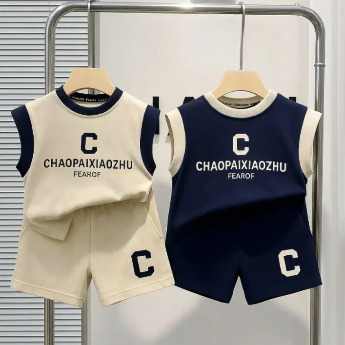 Bộ quần áo chữ C phối viền chất vải cotton mềm mát dành cho bé trai 7-32kg