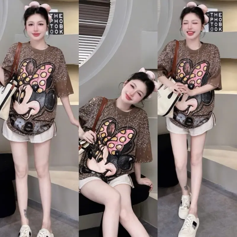 Set bộ jean đùi chuột miki đính đá áo siêu cấp cotton tay ngắn cổ tròn quần jean đùi mềm mịn lưng thun co giản nữ