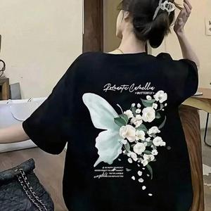 バタフライレタープリント - レディース半袖Tシャツ、ラウンドネック、ドロップショルダー、ゆったり、カジュアル