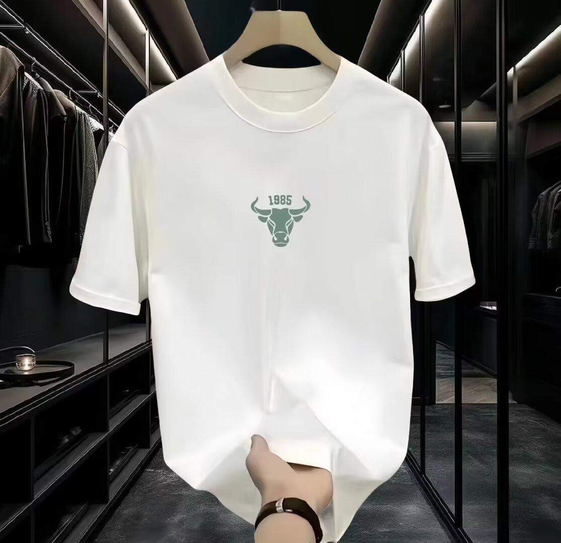 Men's streetwear slim-fitting short-sleeved t-shirt men's new bull's head letter trendy brand trendy round neck printing fashionable pure cotton trendy loose men's and women's retro novelty pattern printing | Kekinian