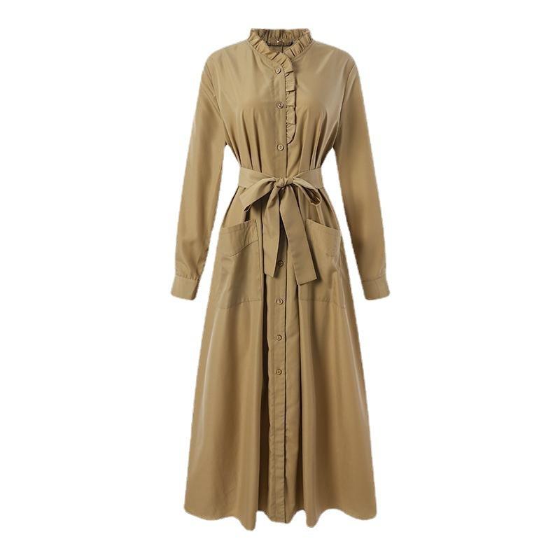 Waist-Tight Solid Color Dress Women's Muslim Arab Lace Stand Collar Long Sleeve Tied Pocket Dress 4
