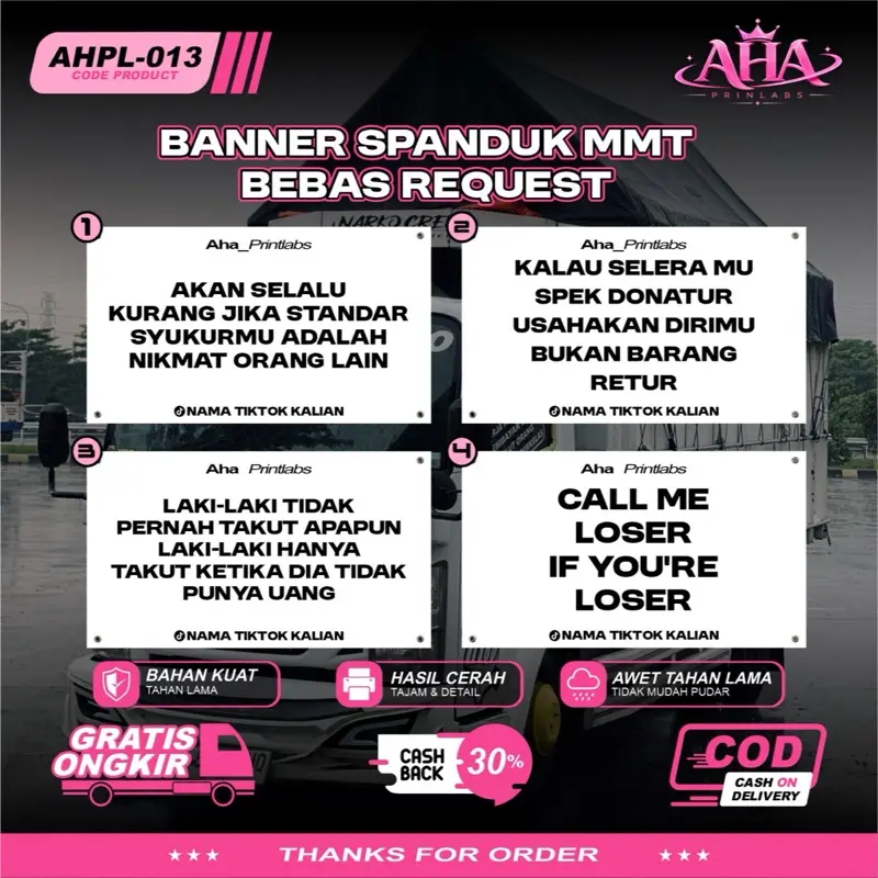 AHPL-013 Custom Banner Spanduk MMT Suka-Suka | Bebas Desain & Tulisan | Cetak Full Color Tajam | Bahan Kuat Tahan Lama