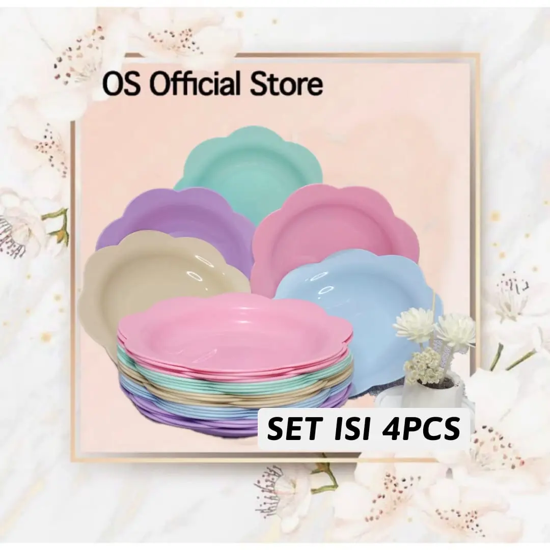 OS SET PIRING PLASTIK JUMBO PIRING MAKAN BAHAN JERAMI GANDUM MODEL BUNGA WARNA WARNI TAHAN PANAS ISI 4PCS
