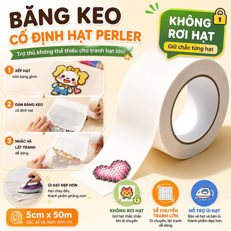 Băng Keo Giấy Masking Tape Cho Hạt Perler Cố Định Hạt 5cm x 50m Không Rơi Hạt Không Lệch Hạt Dễ Bóc Không Dính Keo Hỗ Trợ Tape Method Lật Tranh Di Chuyển Tranh Lớn Bảo Vệ Bảng Ghim Hạt Fuse Beads Hama Beads 2.6mm Pixel Art DIY Handmade Làm Tranh Pixel Làm